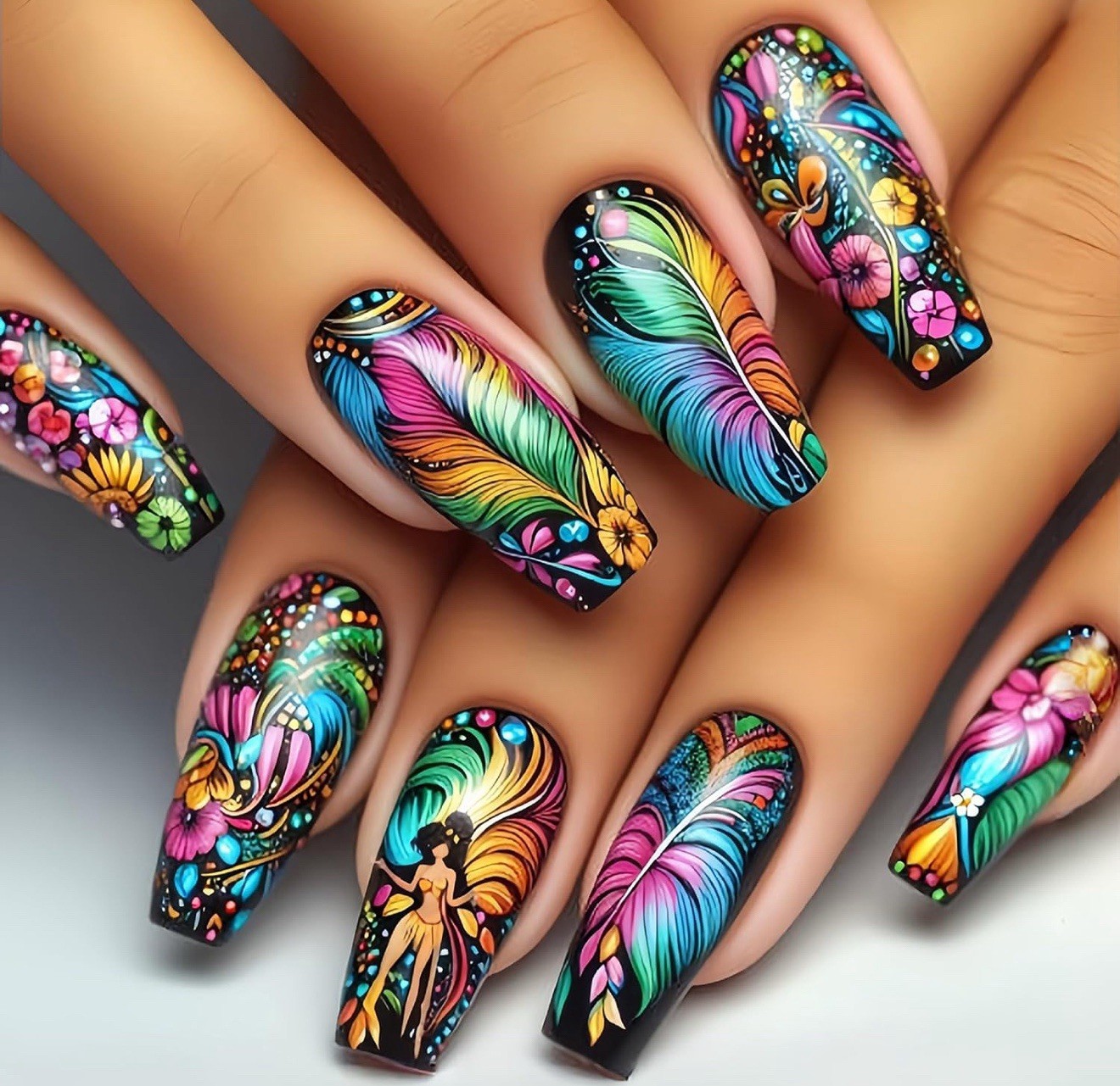 Press On Nails Coffin Fake Nails Feather Stick On Nails Abstract Glue On Nails24