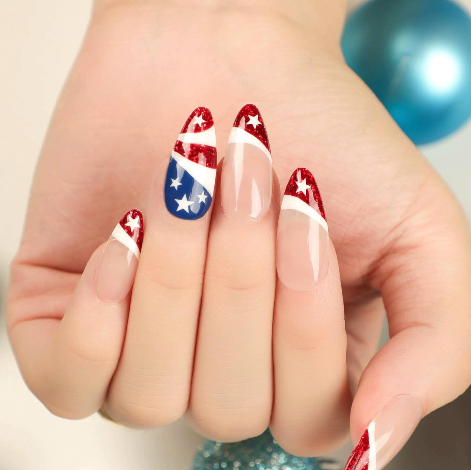 24Pcs 4th of July Press on Nails Medium Almond Oval Fake Nails with Flag Desi…