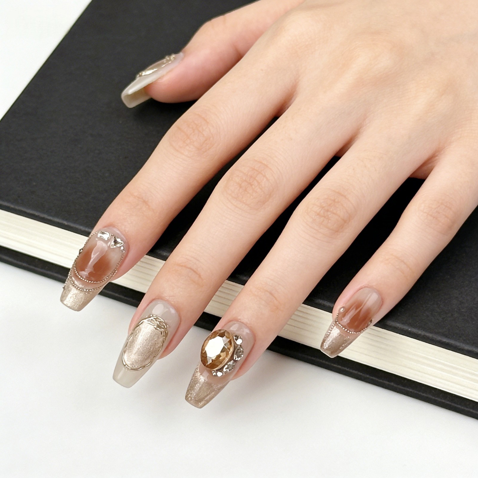 Marble Brown Cat Eye Amber Press On Nails, 3D Gold Luxury Handmade Nail Set