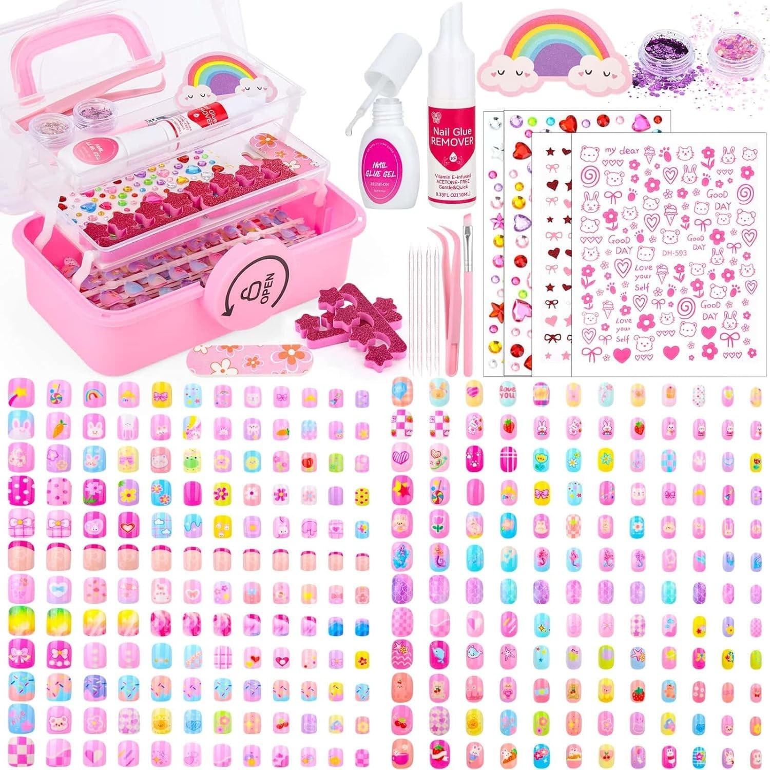 576 Pcs Girls Nail Art Set with Remover & Tweezer