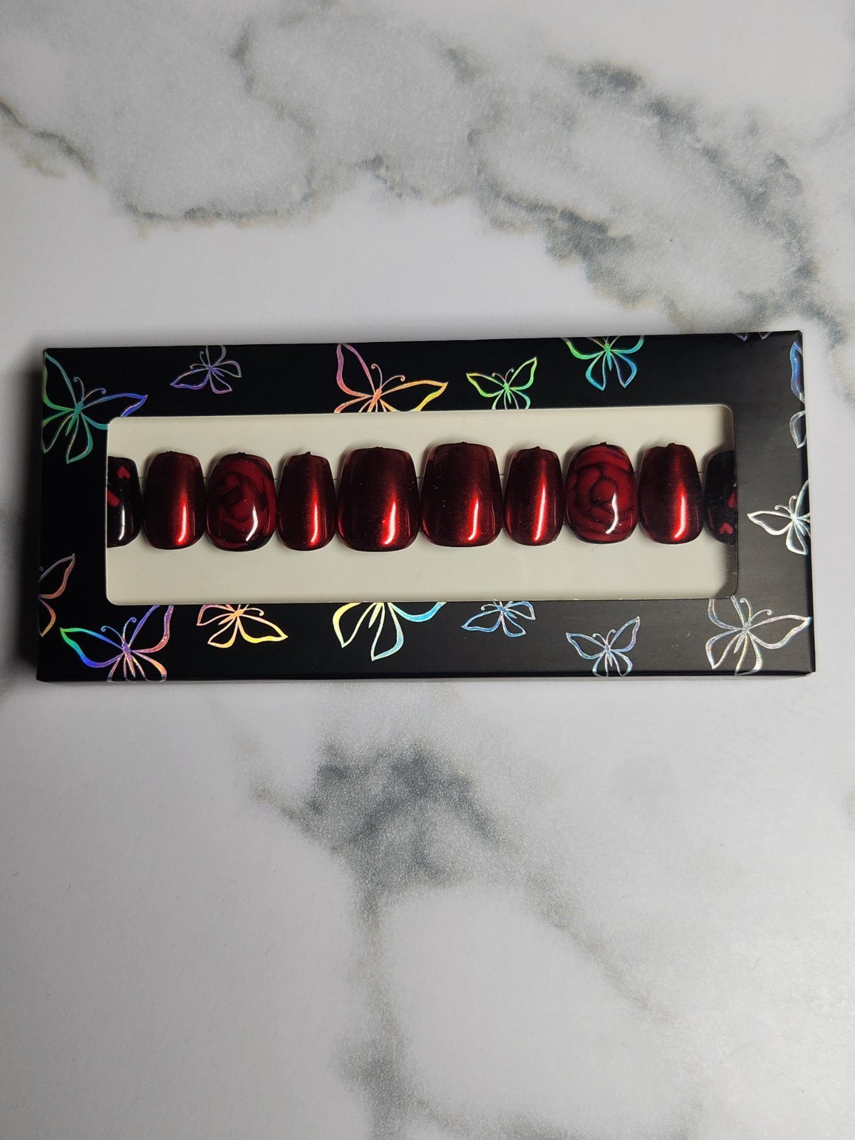 30Pc Bold & Romantic Press-On Nail Set. Deep Red. Rose Accent. New & Hand Made