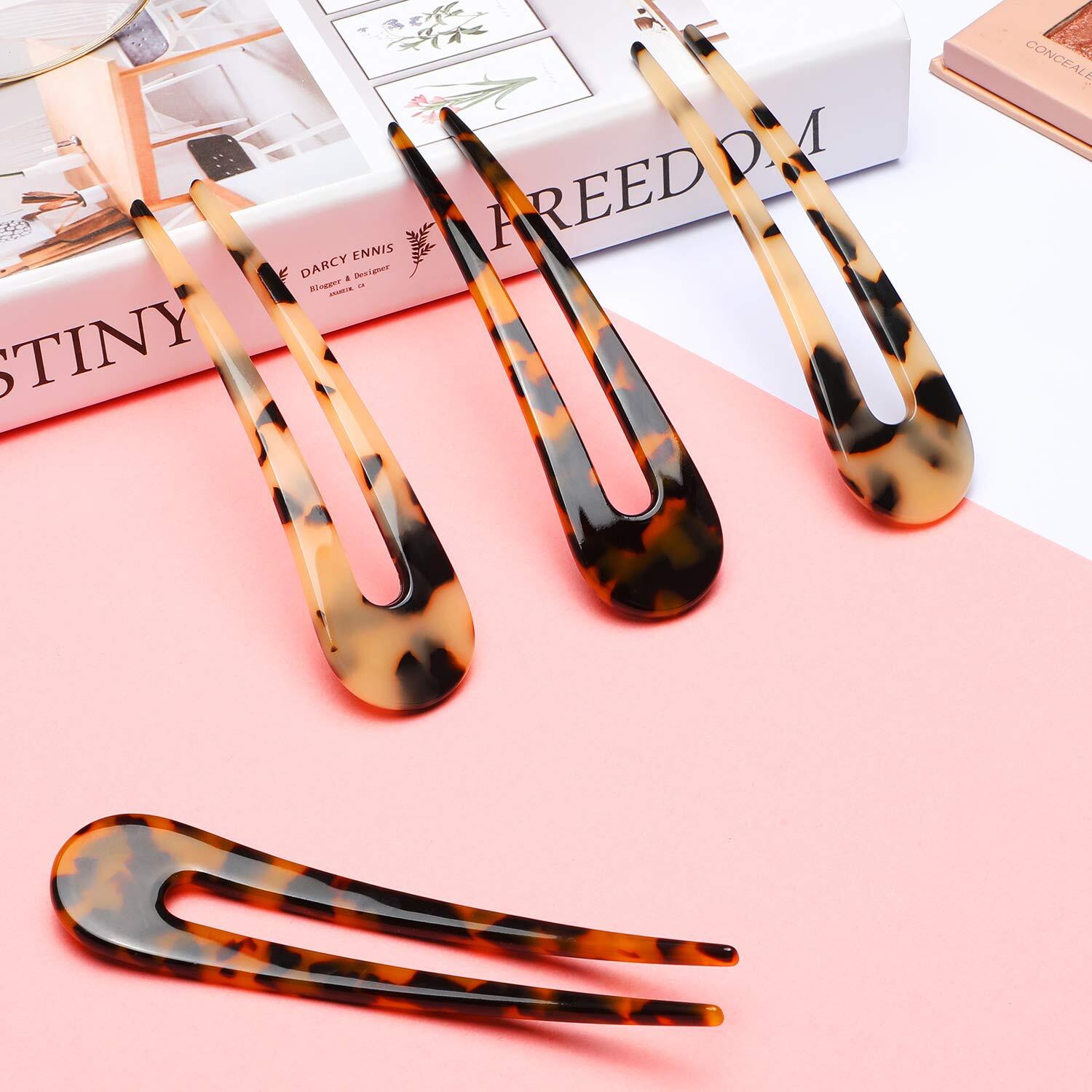 4 Pack French U Shaped Hair Pins Vintage 2 Prong Chignon Pin for Women Girls