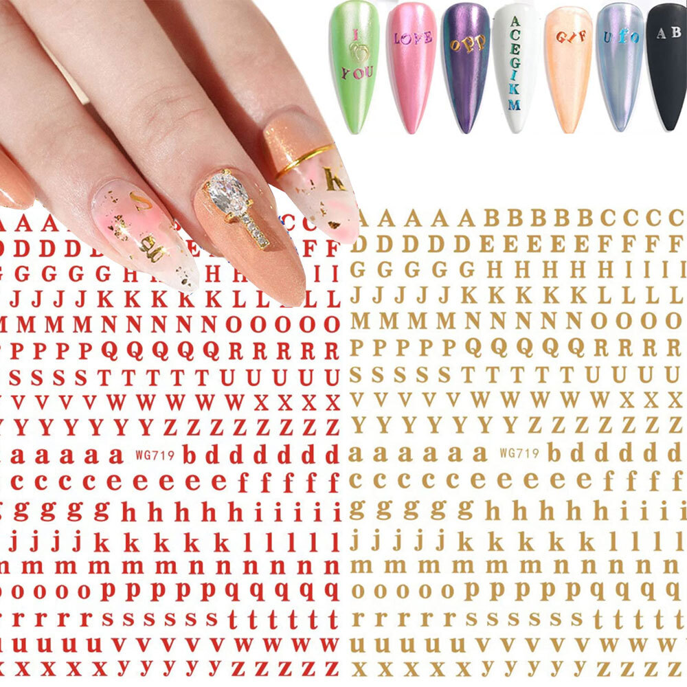 Nail Art Sticker Decals Transfers Black Gold Red Silver White Alphabet Letters