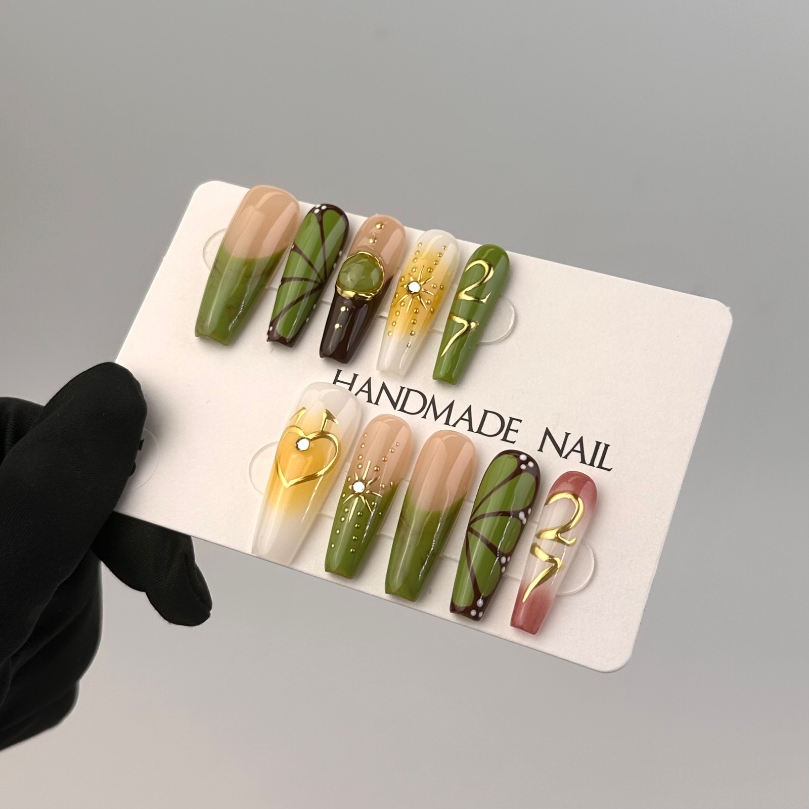Long Coffin Tropical Jungle Press-On Nails with Gold & Amber Accents handmade