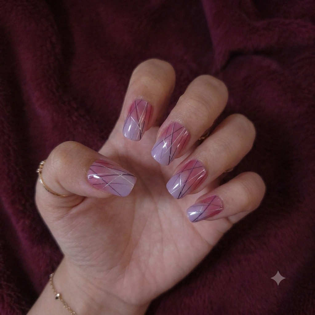 24pc Press On Nails Pink Purple Ombre False Nails Silver Geometric Line Fake Nai