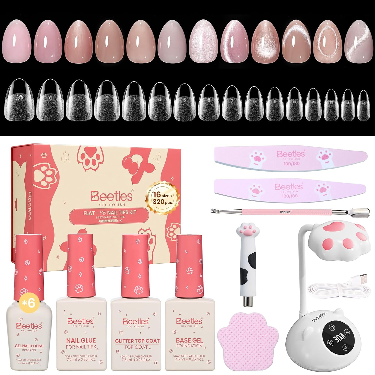 Flat-X Nude Cat Eye Nail Tips Kit with UV Lamp 320PCS Pre-Etched | 6 Magnetic Sh