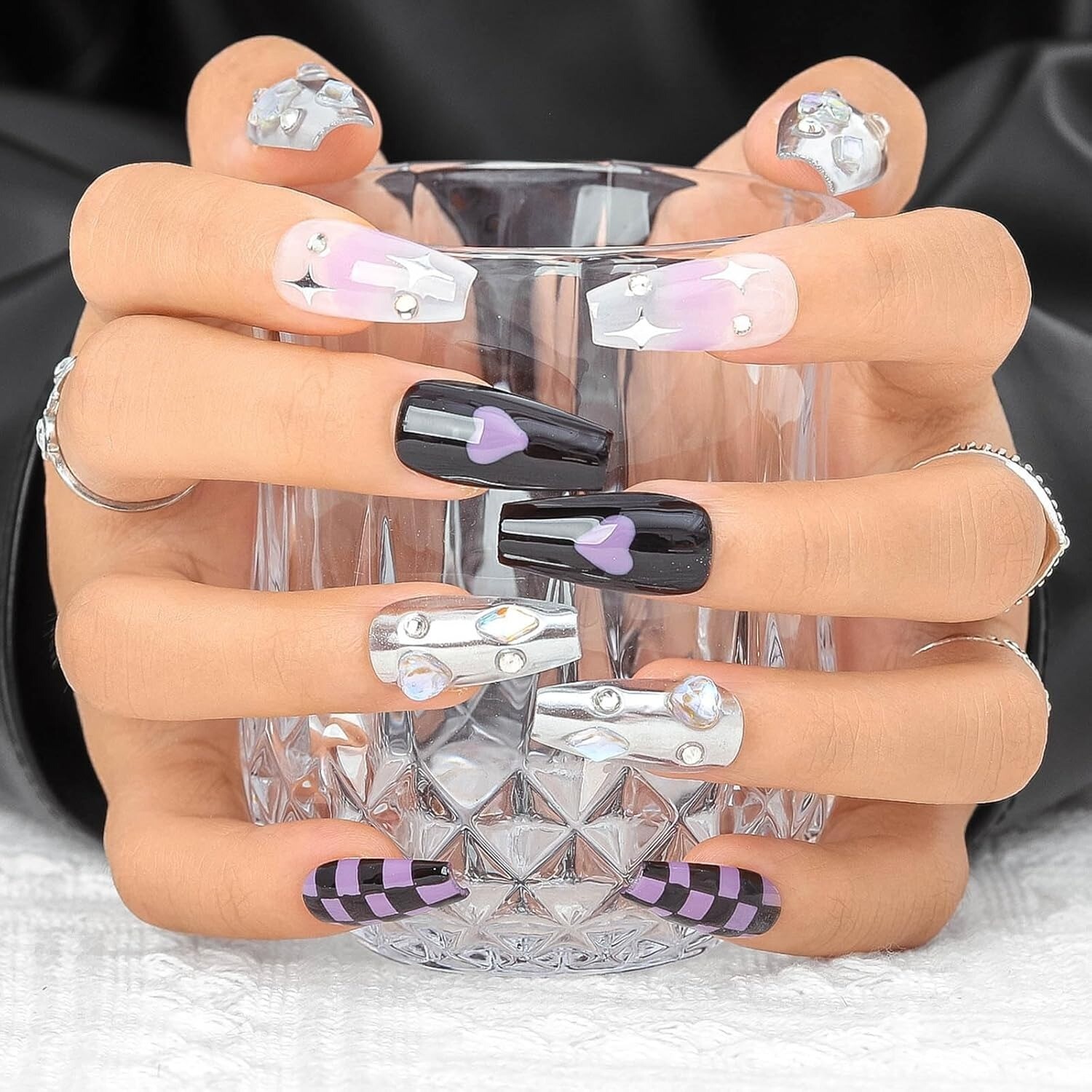 10 Piece 3D Reusable Handmade Press On Nails Metallic Chess