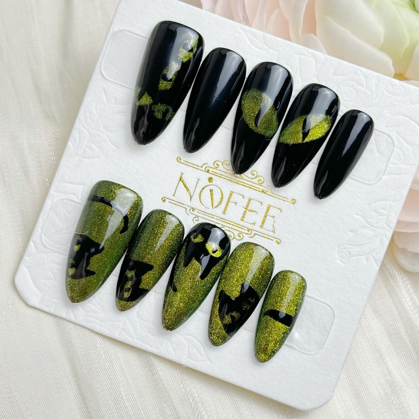 Custom Handmade Black Green Shimmer Halloween Black Cat Stiletto Press on Nails