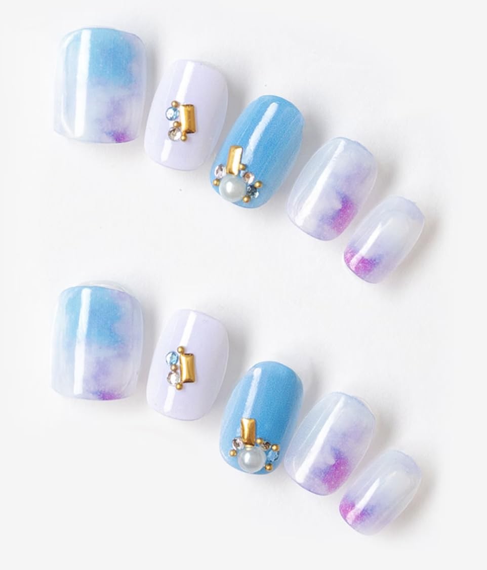 Nail Tips Short Square Nuance Blue Yuzu Nail Japan