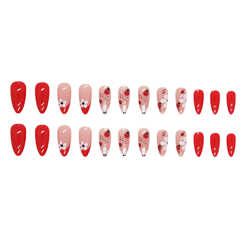 Cute Animal Flowers False Nail Short Almond Press on Nails for Nail Art 24pcs