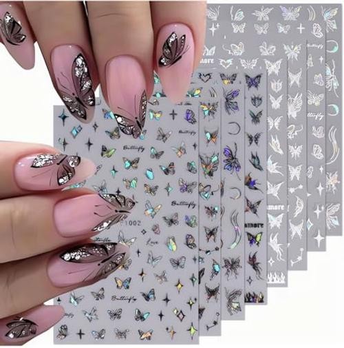 8 Sheets Aurora Butterfly Nail Art Stickers Decals 3D Hollow-Out Self Q3