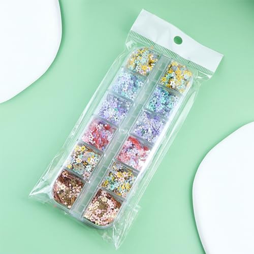 12 Grids Flower Nail Art Glitter Sequins 3D Holographic Floral Nail Flakes