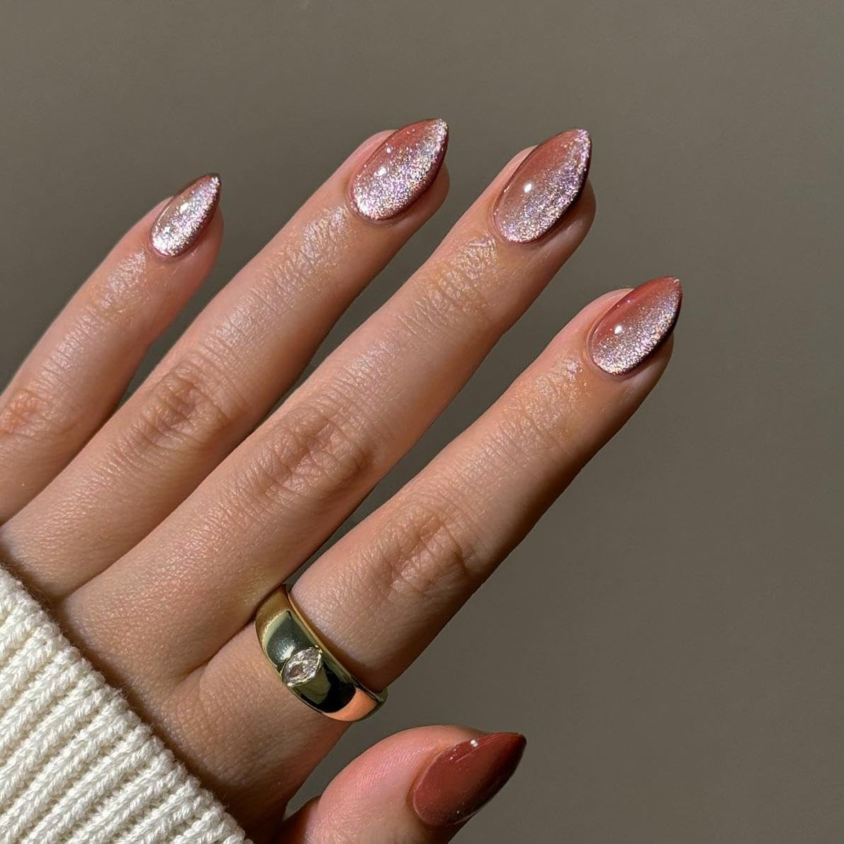 Cat Eye Press on Nails Short – Light Brown Press on Nails Almond Shape, Glitter