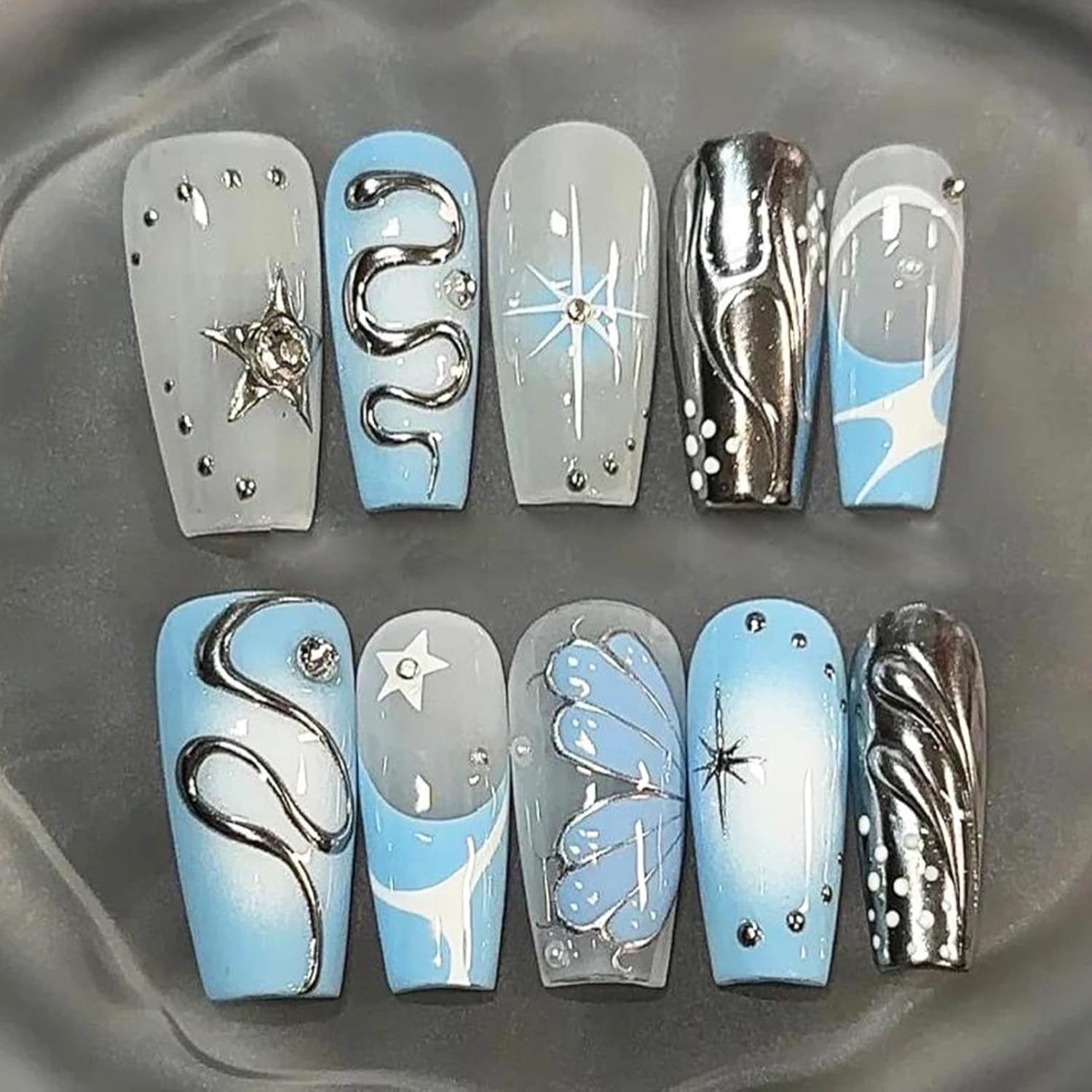 24Pcs 4th of July Press on Nails Medium Almond Full Cover Acrylic Glue On