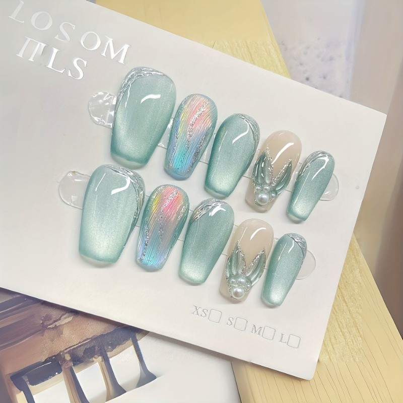 10Pcs Mint Green Aurora Cat Eye Nails, Mermaid Tail & Pearl Design, Removable