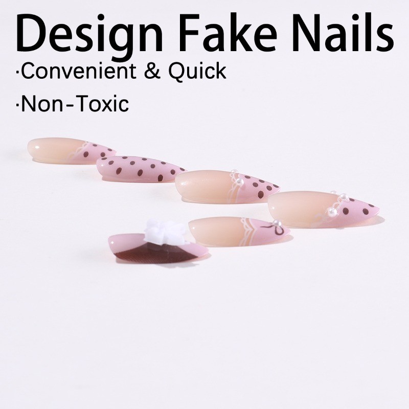 24Pcs Sweet Pink French Press on Nails Brown Polka Dots 3D White Bow Almond Nail