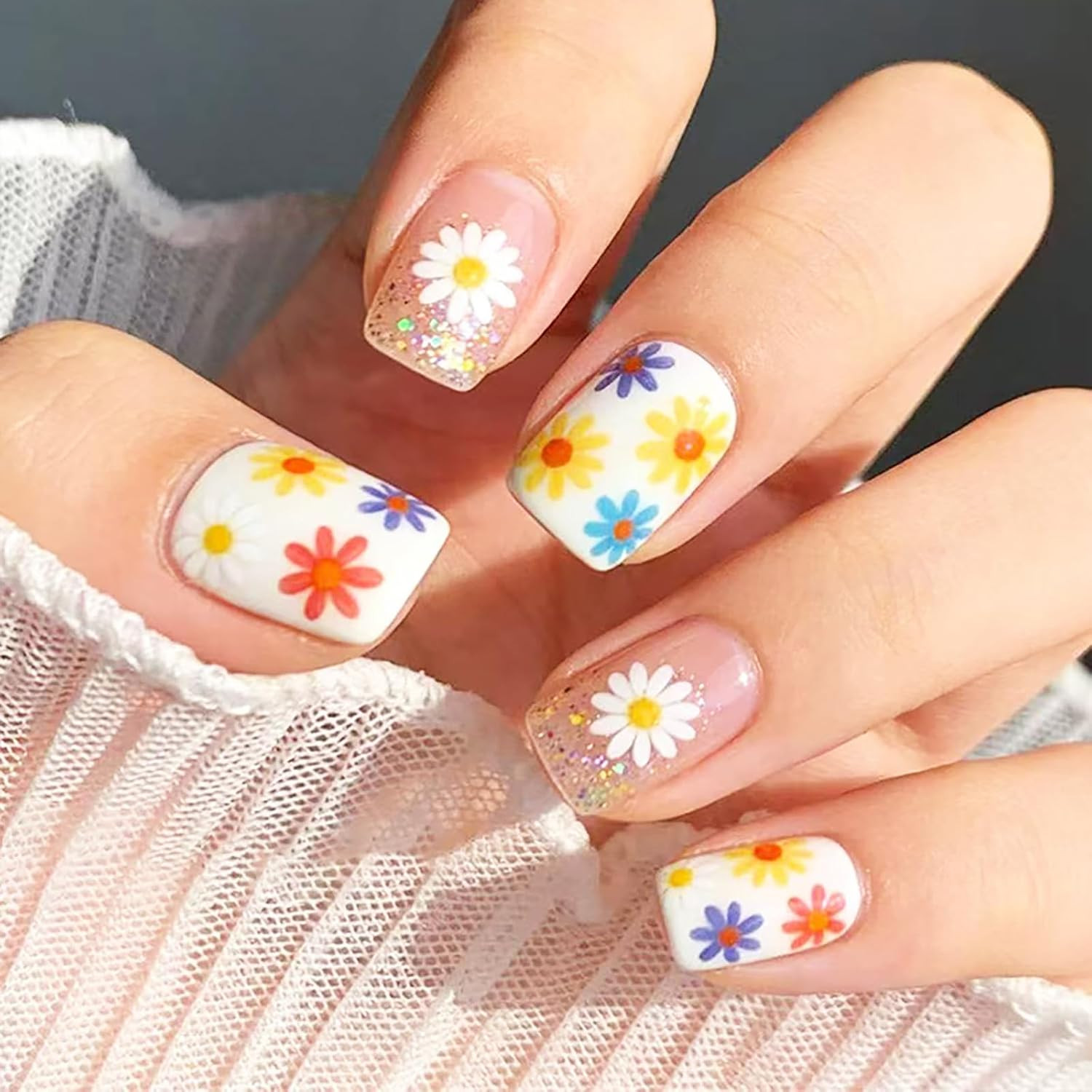 24Pcs Colorful Flower Press on Nails,Short Square Fake Nails with French Glitter