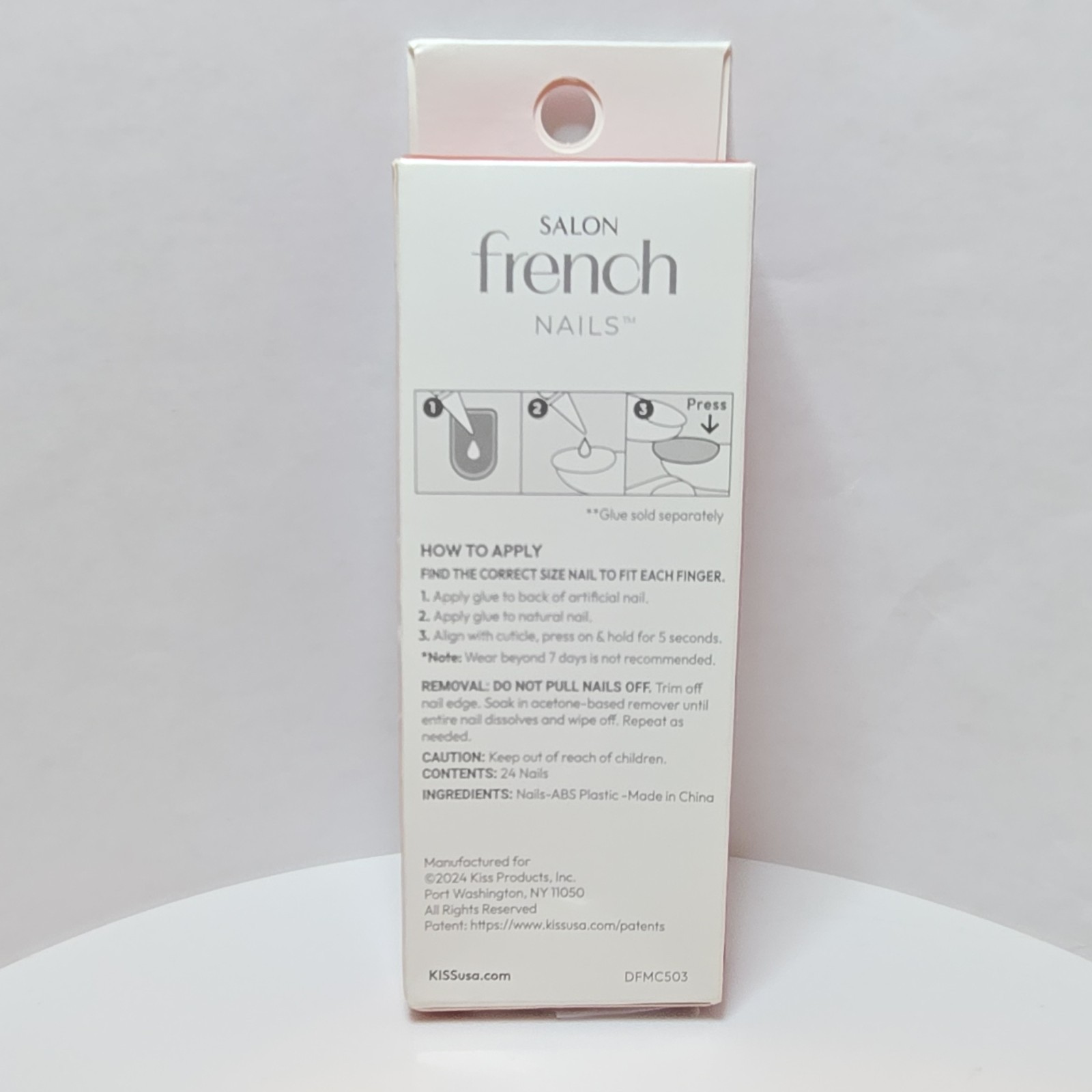 Kiss Salon French Press-On Nails Full Cover Medium Square Pink/White 24 CFD04
