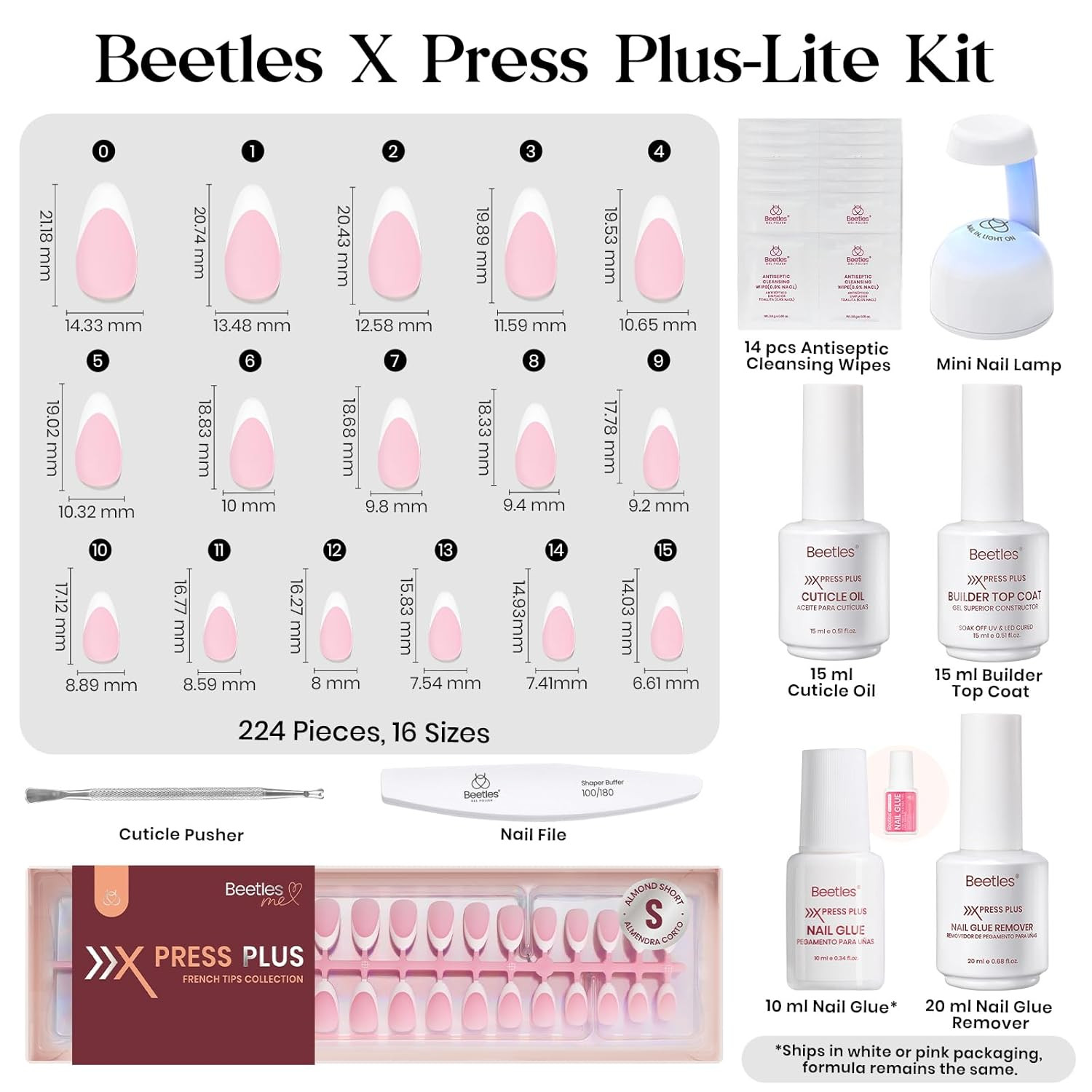 Beetles X Press Gel Nail Kit, Press on Nails Short Almond Kit with 224Pcs French