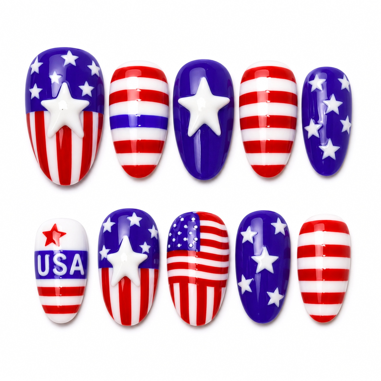 Handmade Patriotic Press On Nails Red White Blue 3D Star Oval Set