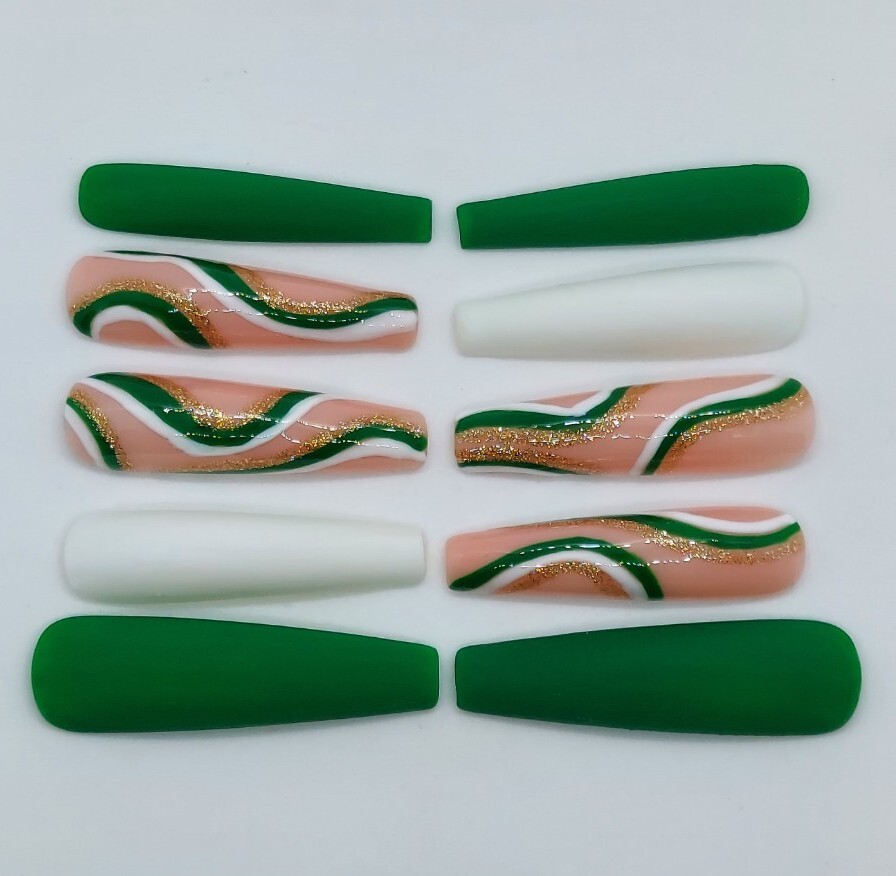 Green Nails White and Gold Nude Swirl Press on Nails