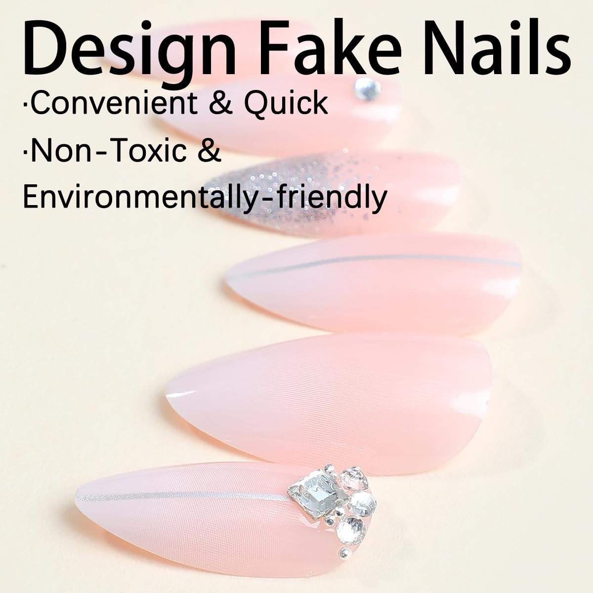 Silver Glitter Press on Nails French Tip Fake Nails Medium Almond False Nail …