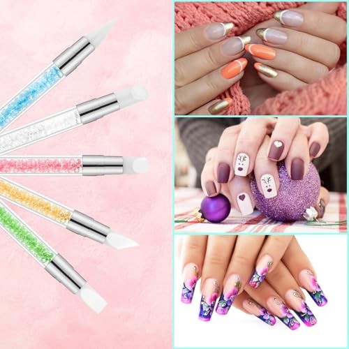 11PCS Nail Art Brushes & Nail Dotting Tools,Double Ended Tipped Silicone Pink