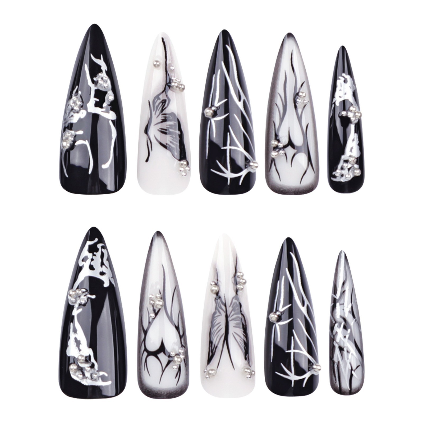 24pcs Black White Abstract Gothic cool Press On Nails, 3D Long Stiletto Shape