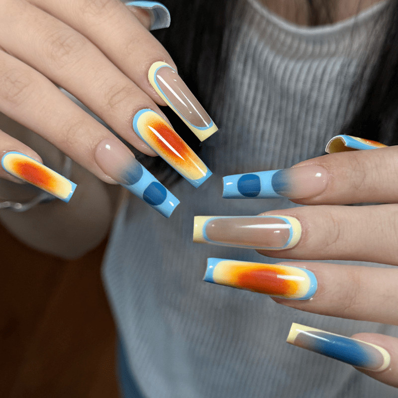 48P Long Coffin Press on Nails, Blue Orange Gradient French Stylish Fake Nails