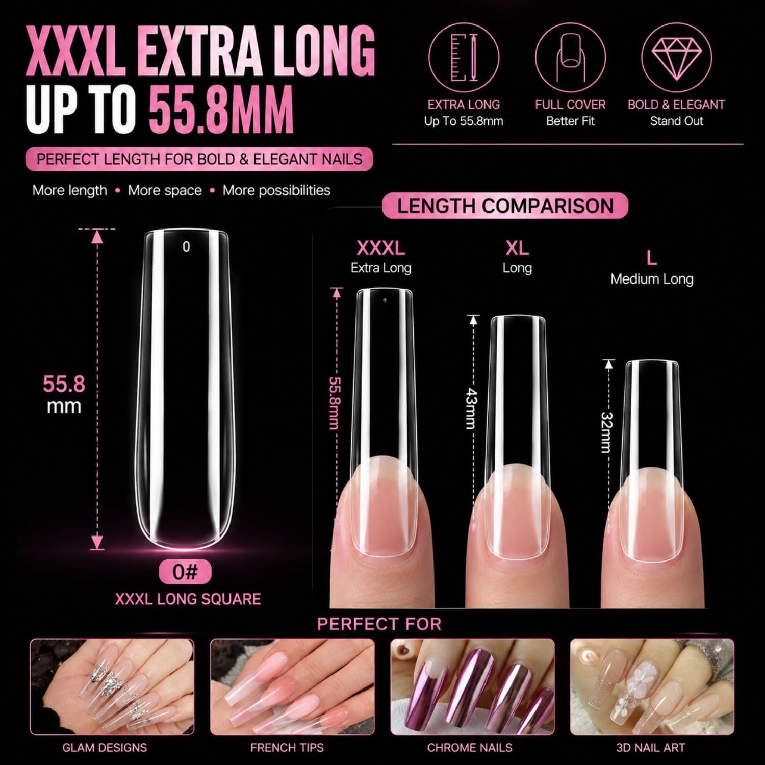 AKA Unicorn Long Square Nail Tips,Pre-Etched Full Cover Soft Nail Tips
