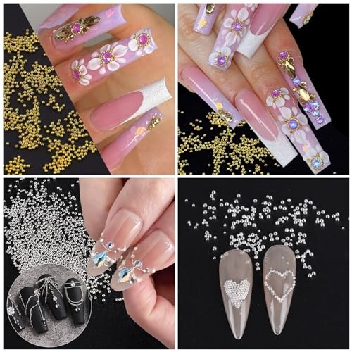 3D Metal Nail Beads & Studs, Gold and Pearl White Caviar Gold+Silver