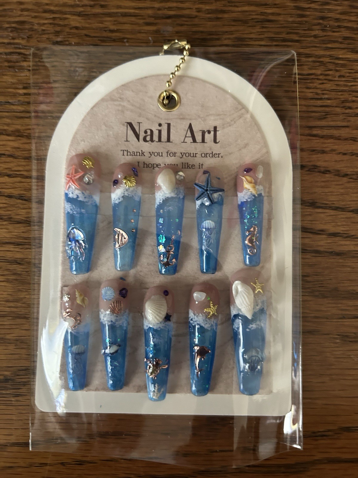 Z NAILZ! Handmade XL Coffin 3D Shiny Beach Themed Press In Nails