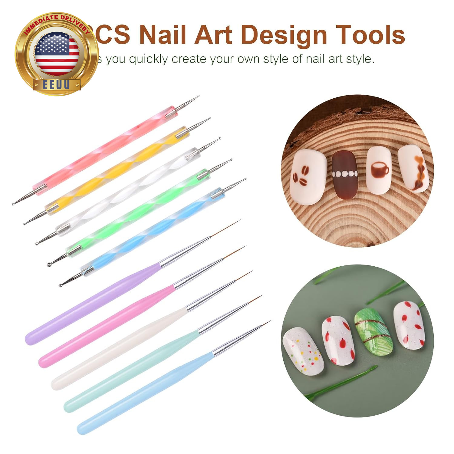 10Pcs Nail Art Brush Kit Double-End Dotting Pens Nail Fine Liner Brushes for UV