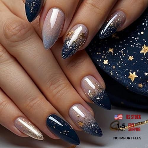 Medium Dark Blue Ombre Almond Press on Nails 12409a – French Tip
