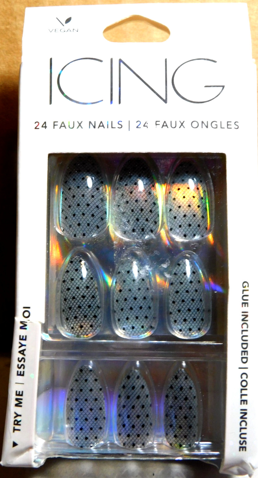 CBI Distributing Corp.~Icing 24 Faux Nails Vegan OA.AN Clear & Black Webs & Dots