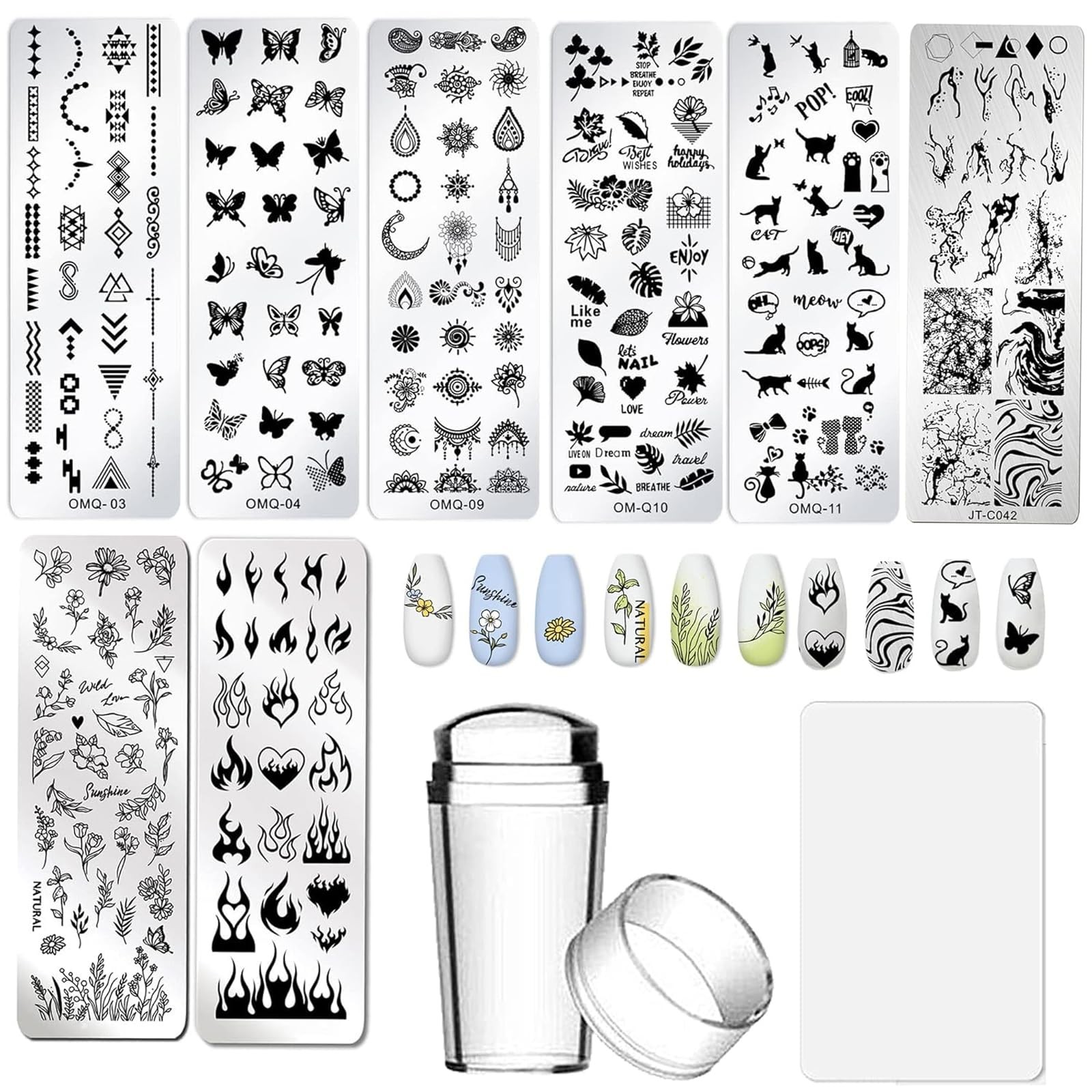 Nail Stamper Kit 8Pcs Stamping Plates Minimalist Geometric Lines Leaf Image Temp