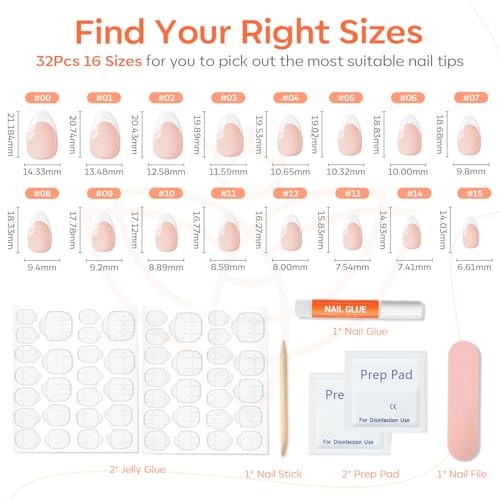 French Tip Press on Nails Almond, Summer Short Almond Fake A1-French White