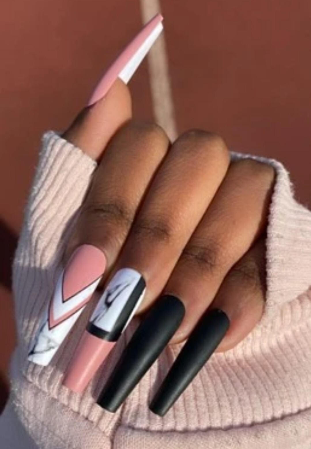 24 Geometric Pink Black White Press on nails glue on Coffin Long extra manicure
