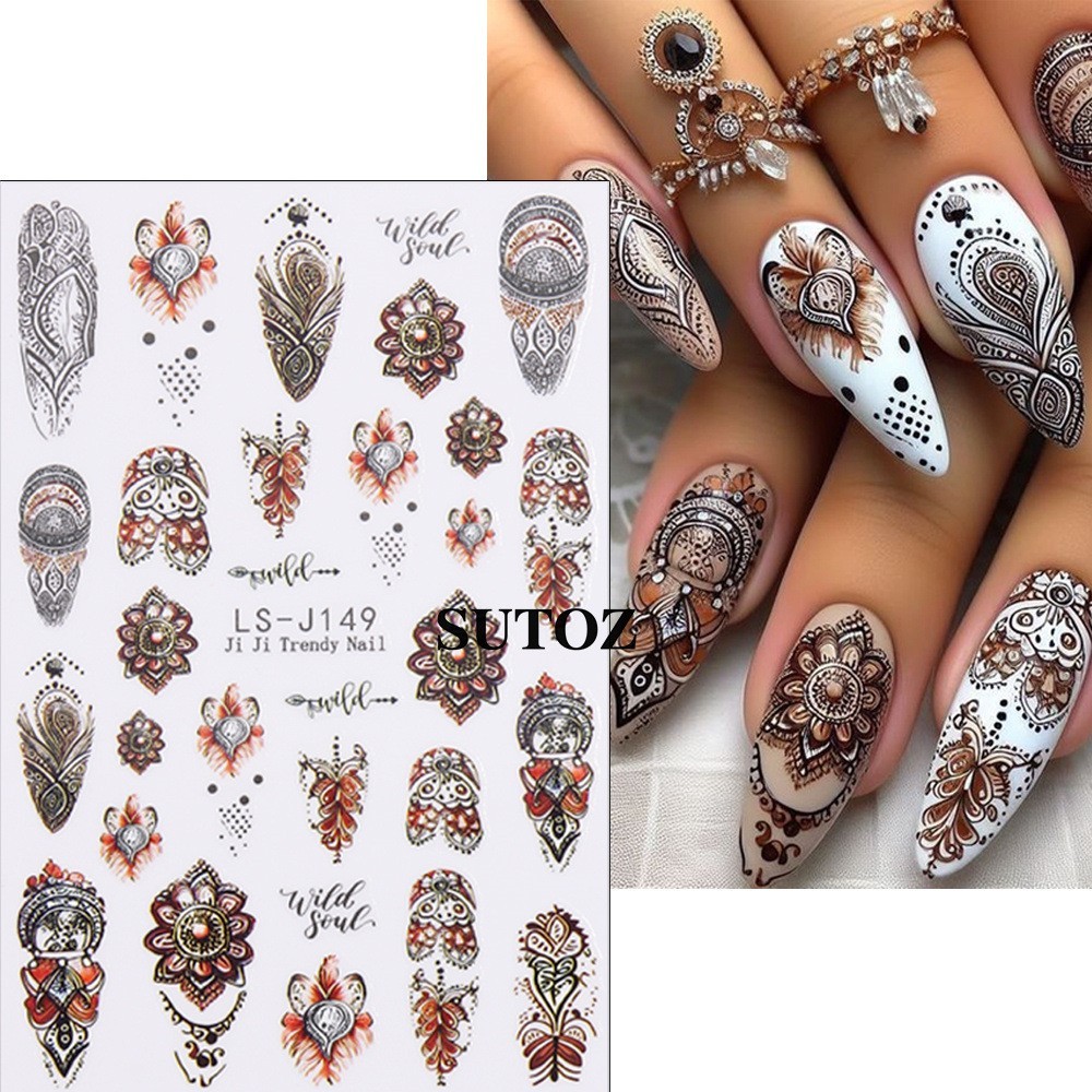 4Pcs Set Nail Art Retro Bohemian Flower Stickers Self Adhesive DIY Peel Off NH29
