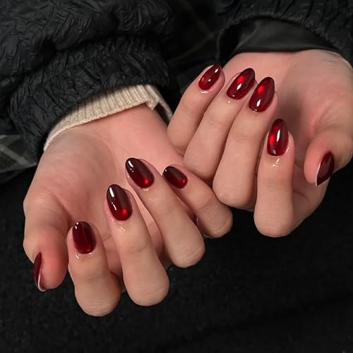 Short Almond Press on Nails Wine Red Fake Nails Glass Bead Cat Eye Almond-06