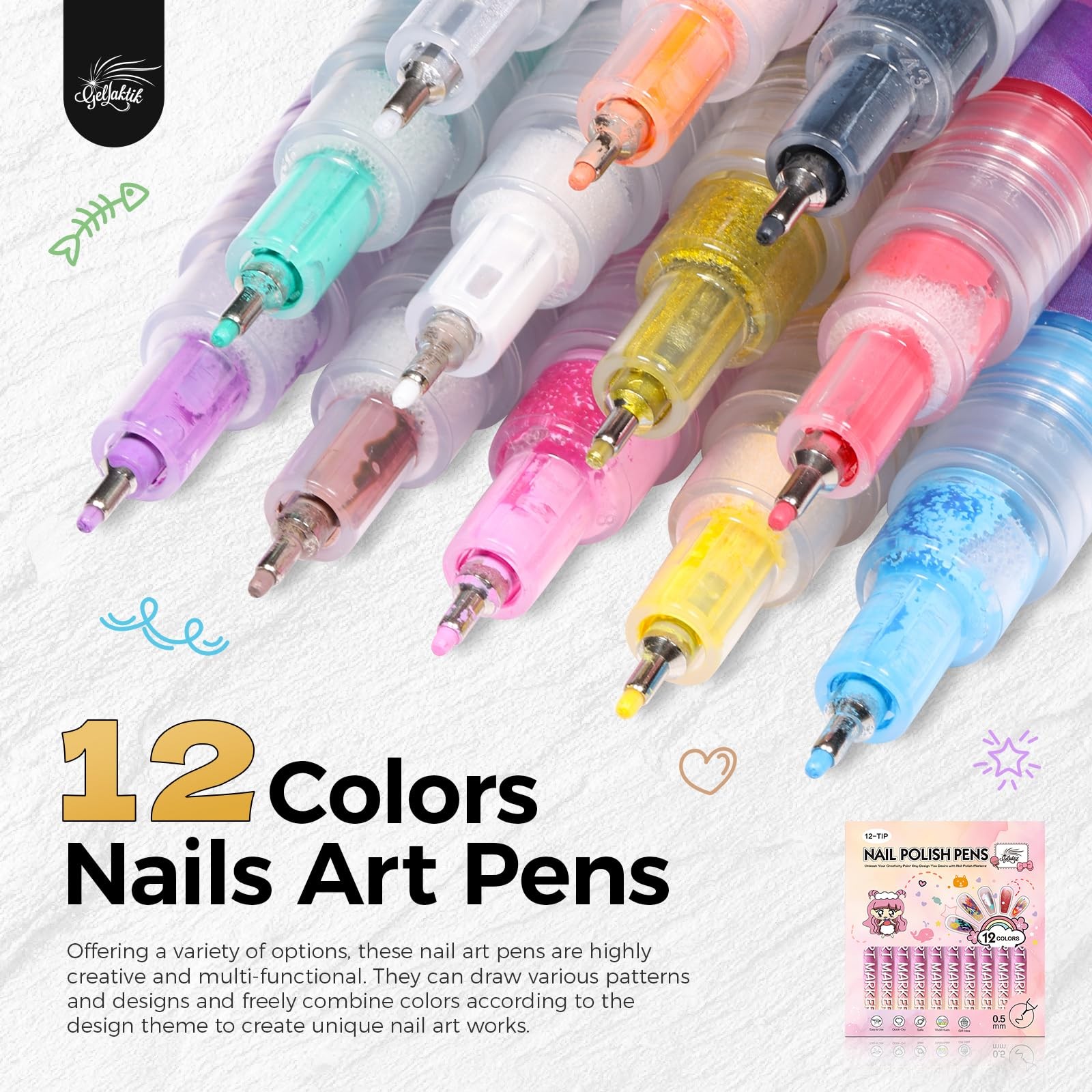 12 Color Nail Art Pens 0.5mm Fine Tip Quick Dry Paint Markers For DIY