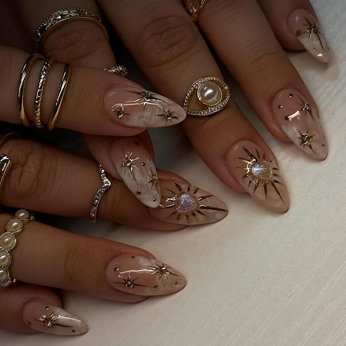 XZMeiLun 3D Boho Stars Gold Press On Nails 30 Pieces (Pack of 1), Q-1029