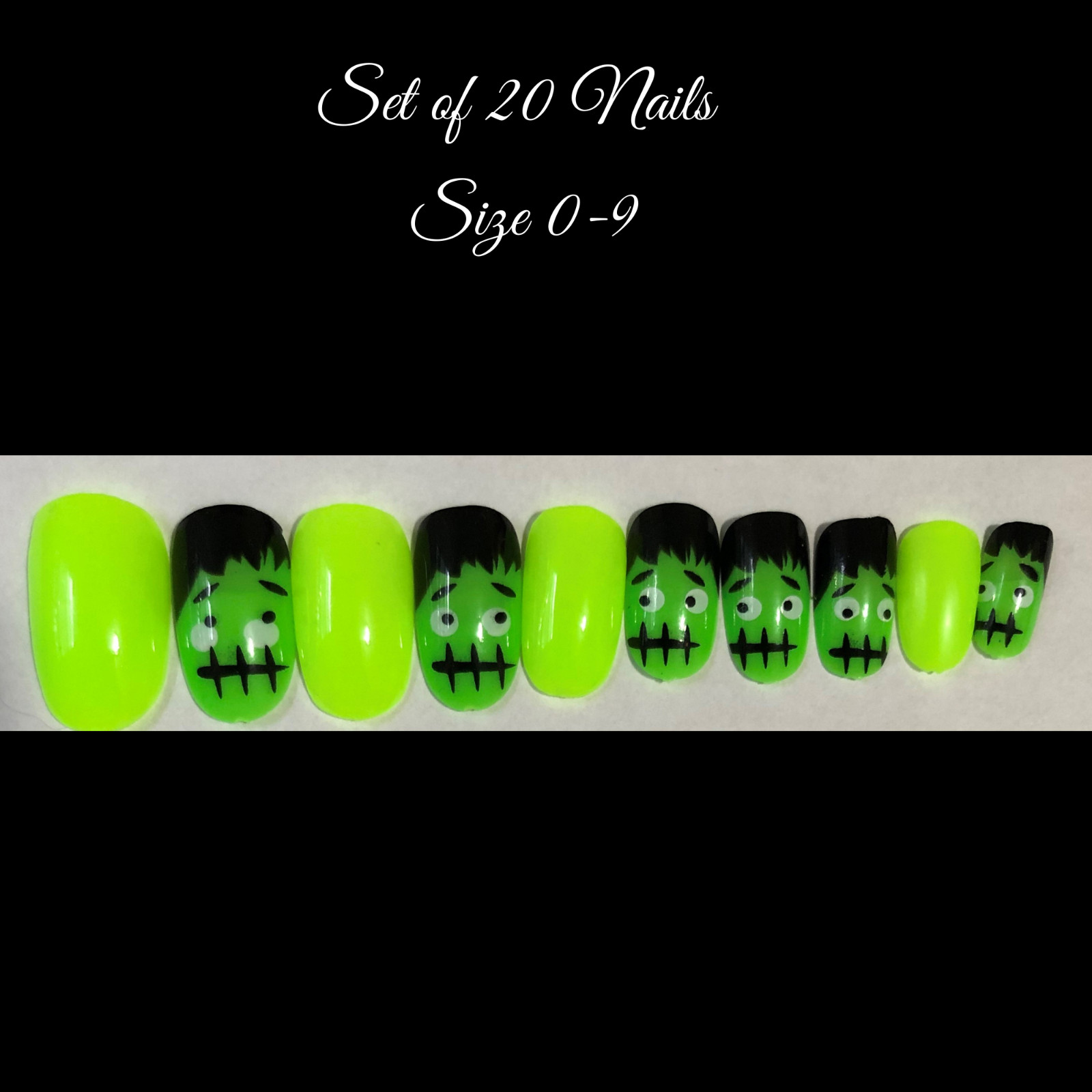 Frankenstein Glow in the Dark Nails- (Set of 20 sizes 0-9) Short Oval,Pre-tabbed