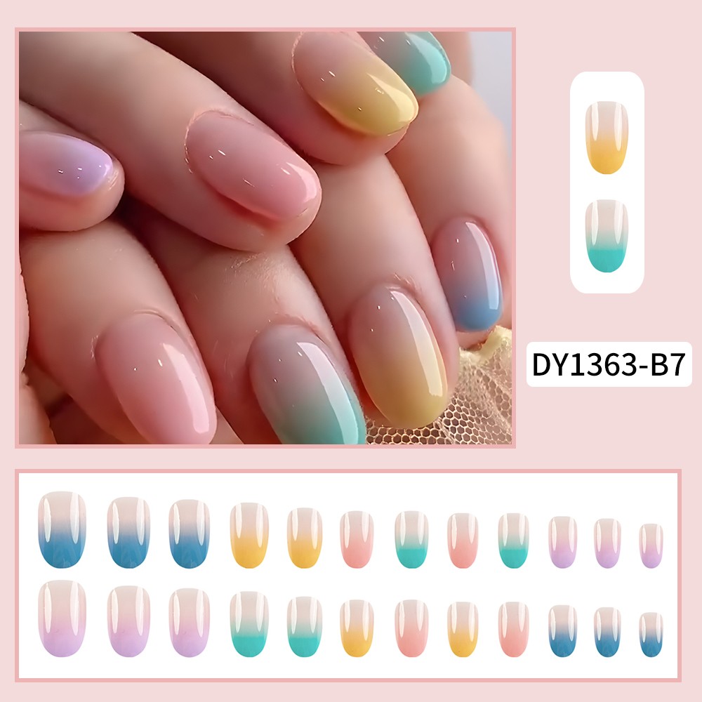 24-piece Short Oval Rainbow Gradient Design Nail Polish Set.Long Press On The Na