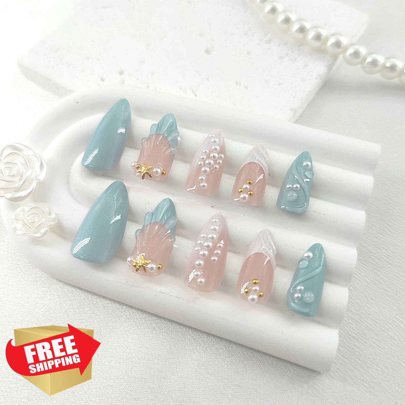 Xenophoer French Tip Almond Nails Pearls Gold Star designs-62316