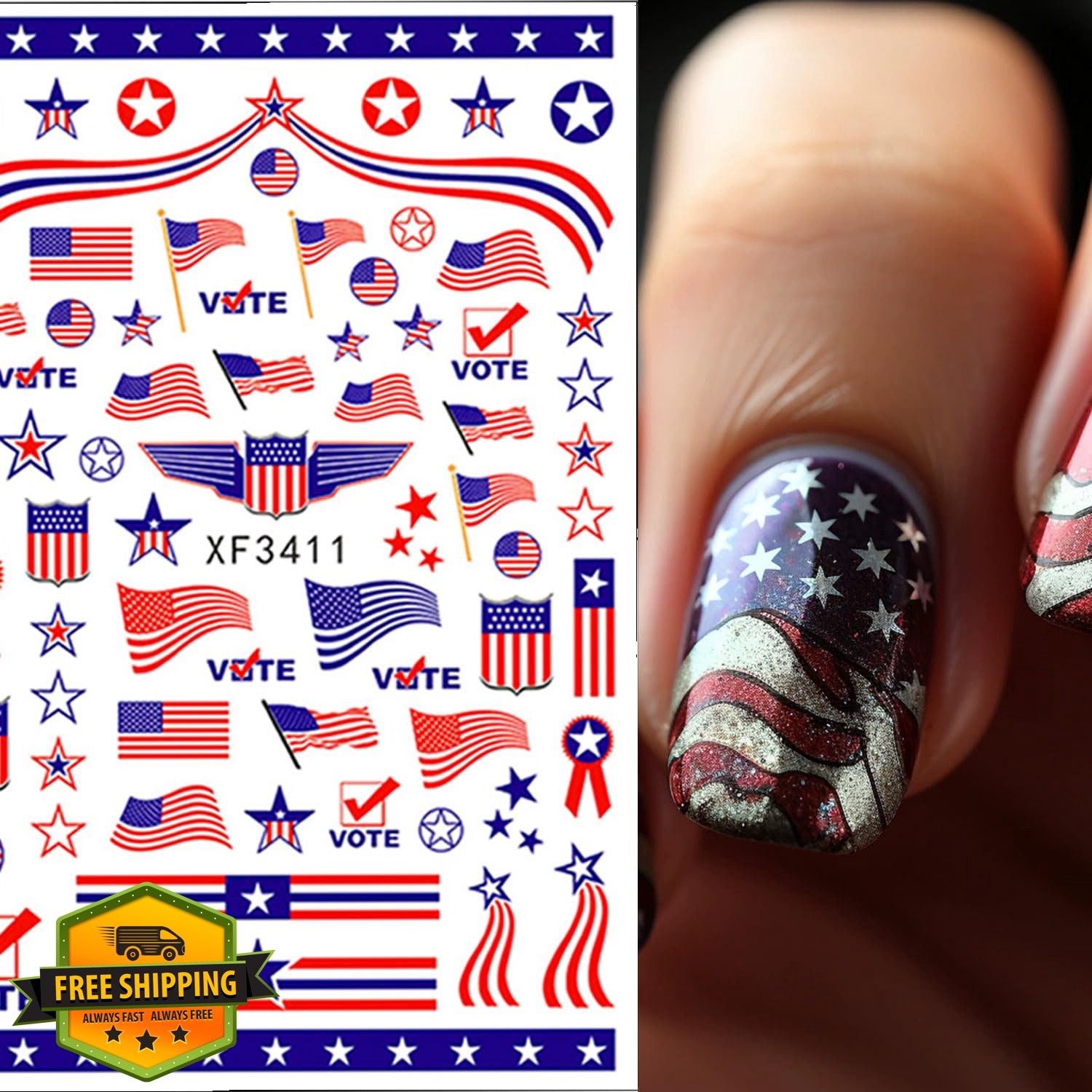 Mdscve 8 Sheets 4th July Nail Stickers Blue Red Stars