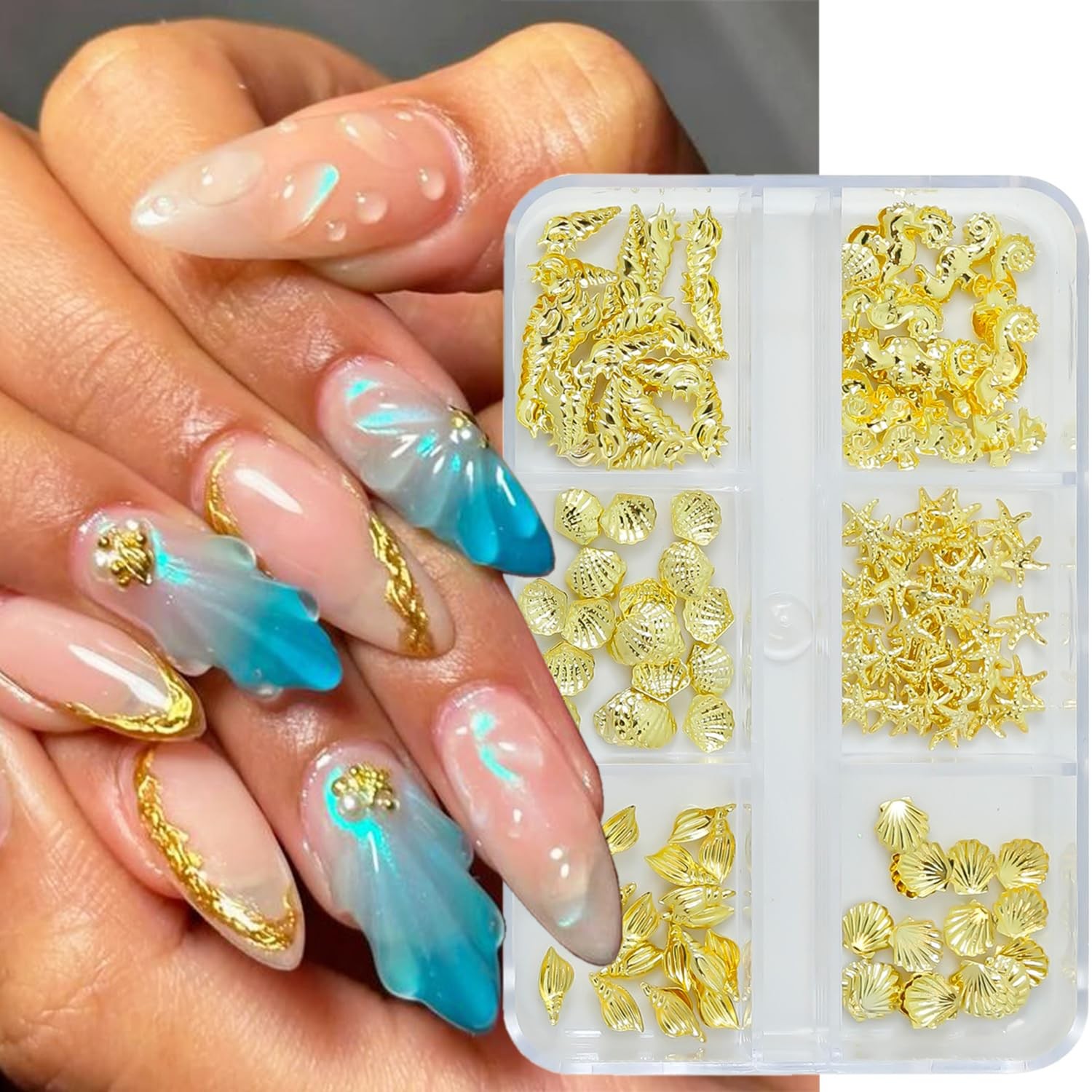 6 Grids Beach Nail Charms Gold Conch Shell Nail Rhinestones 3D Conch Seahorse…