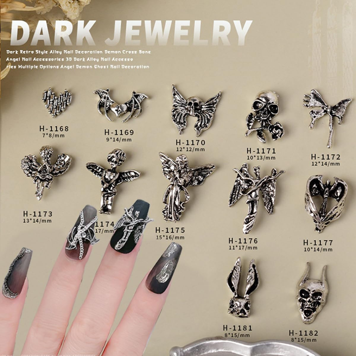 30 PCS 3D Nail Charms Halloween Nail Art Charms Antique Silver Love Shape Nail C