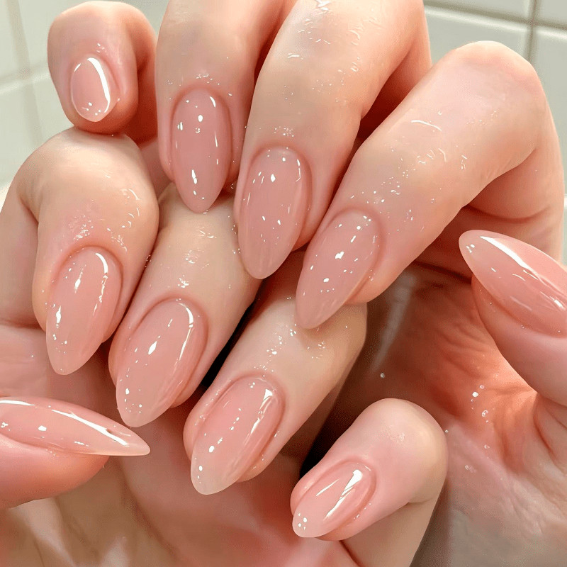 48 Pcs Nude Pink Press on Nails, Medium Almond Solid Glossy Elegant Fake Nails