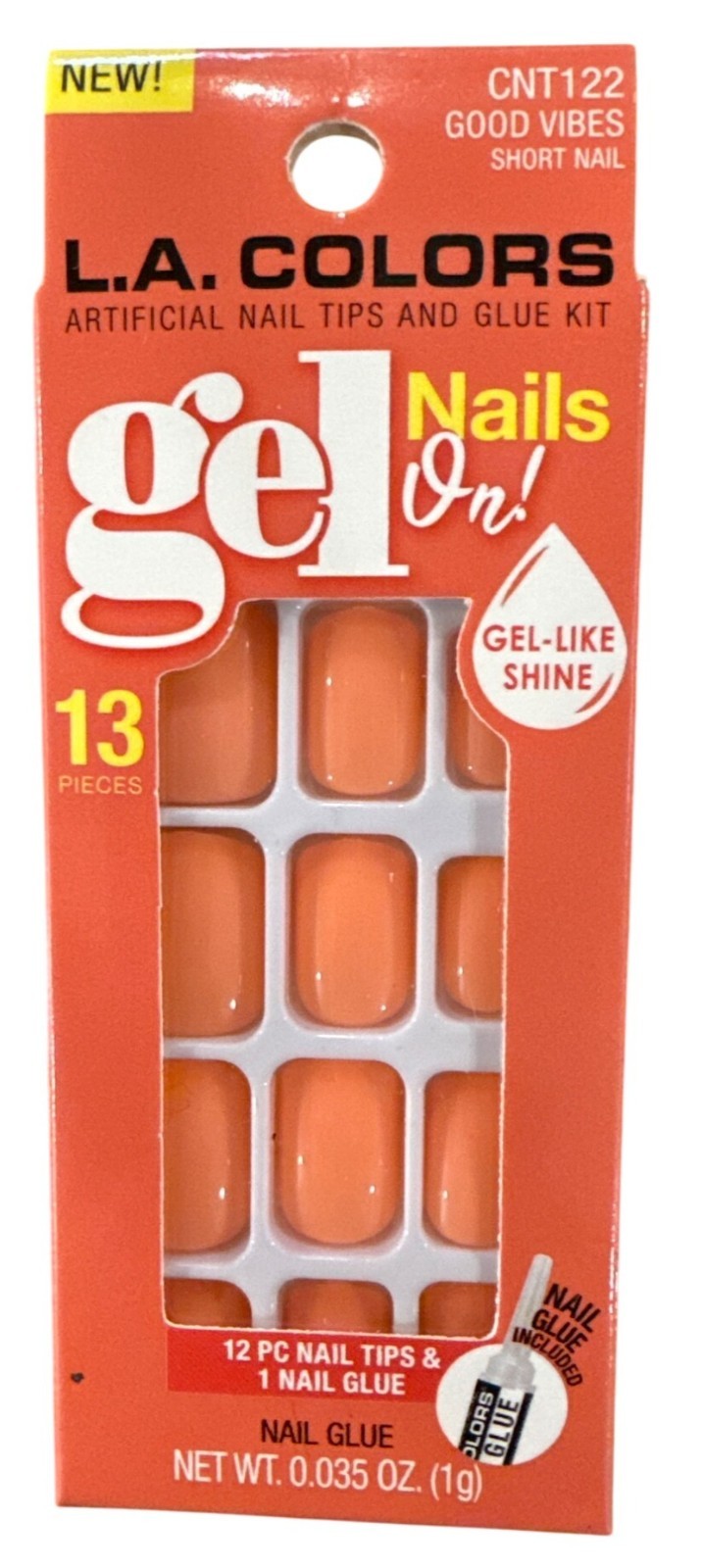 L.A. Colors GEL ON! 12 Nails GOODVIBES Short Square Glossy Orange Gel-Like Shine